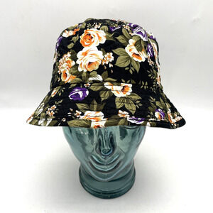 BK 100% Cotton Black with Peach Purple Rose Floral Print Bucket Hat Women OSFM